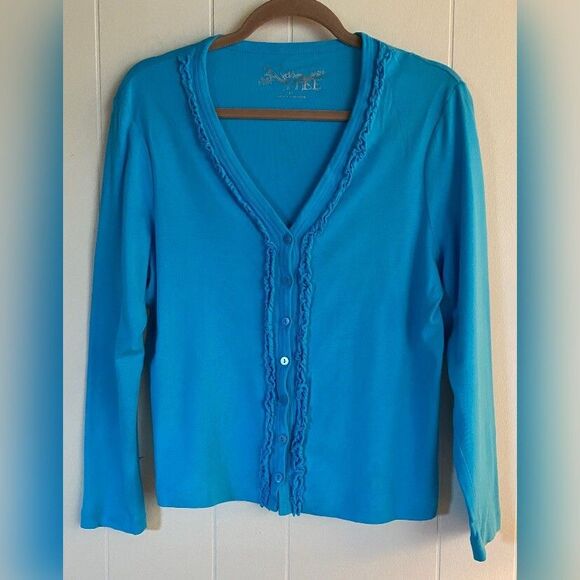 2 a Tee Sweater Women’s Petite Large Blue Cardigan Ruffled Cotton Preppy - Picture 1 of 3
